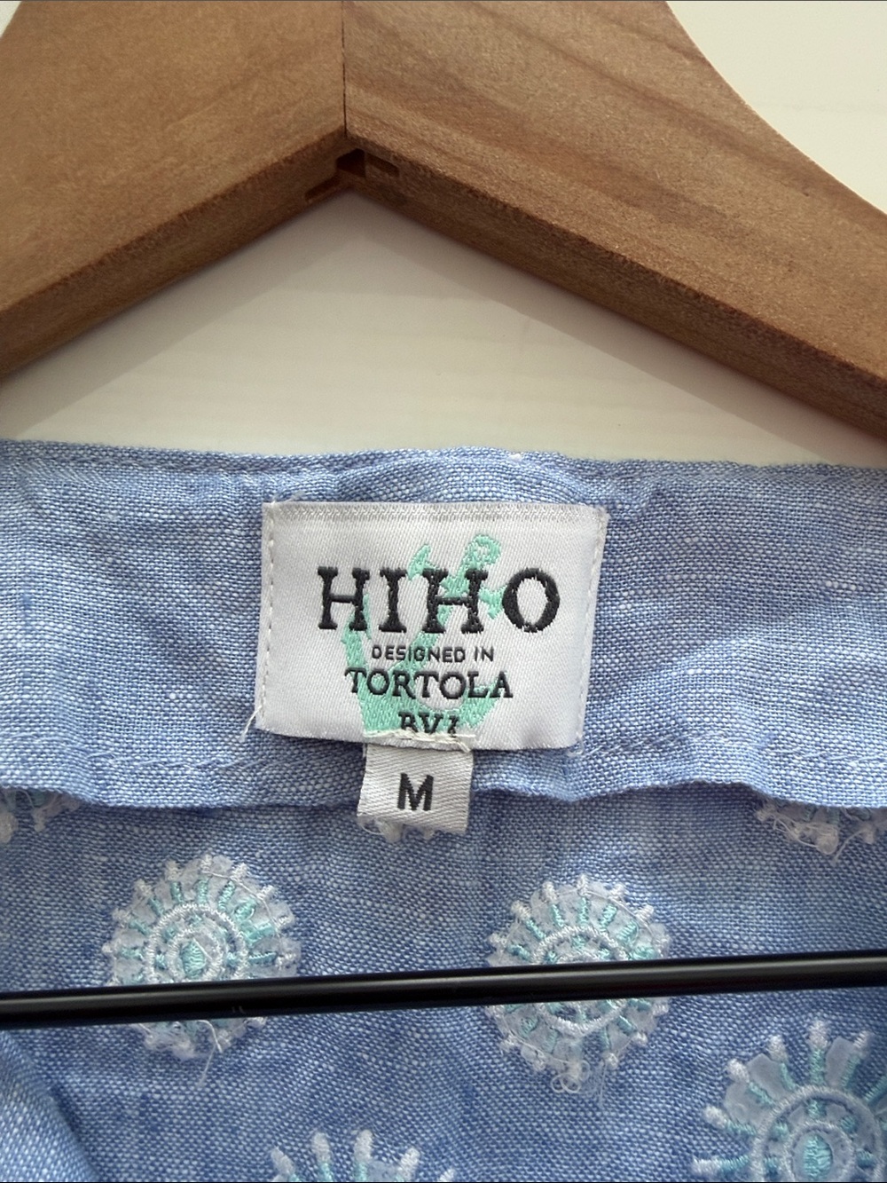 HiHo chambray Blue geometric embroidery Beachy Linen Tortola Dress Women's M - Picture 3 of 6